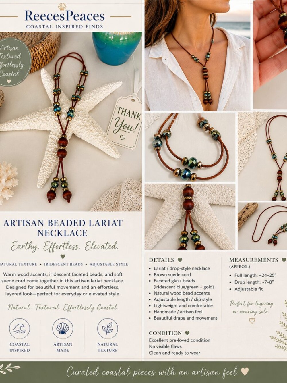 Artisan Lariat Necklace Wood Bead Crystal Coastal Adjustable Drop